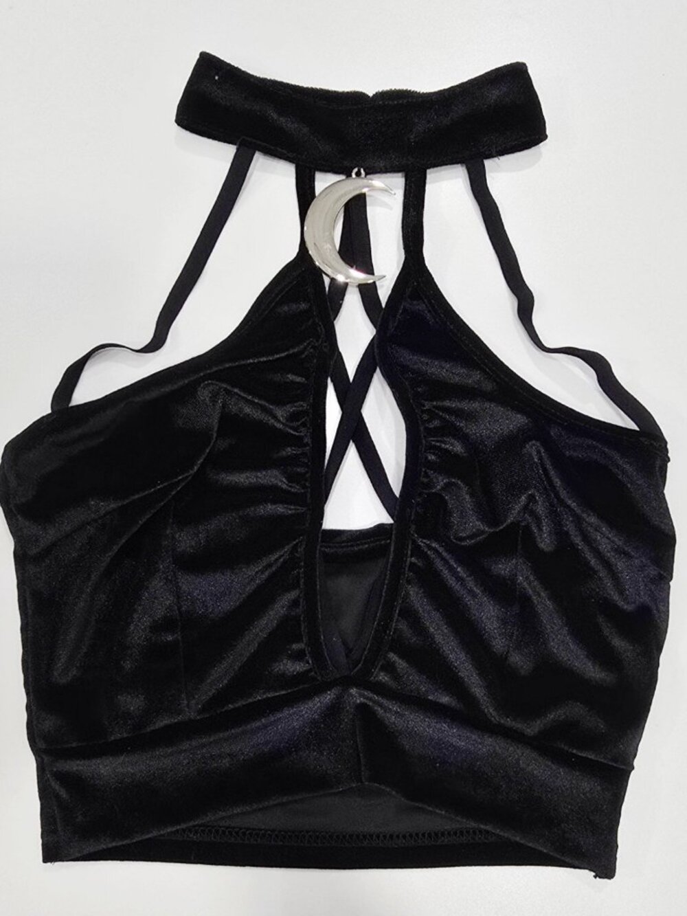 Velvet Halter Crop Top ✦ Gothic Black Strappy Deep‑Plunge ✦ Crescent Moon M NWT - Picture 7 of 10